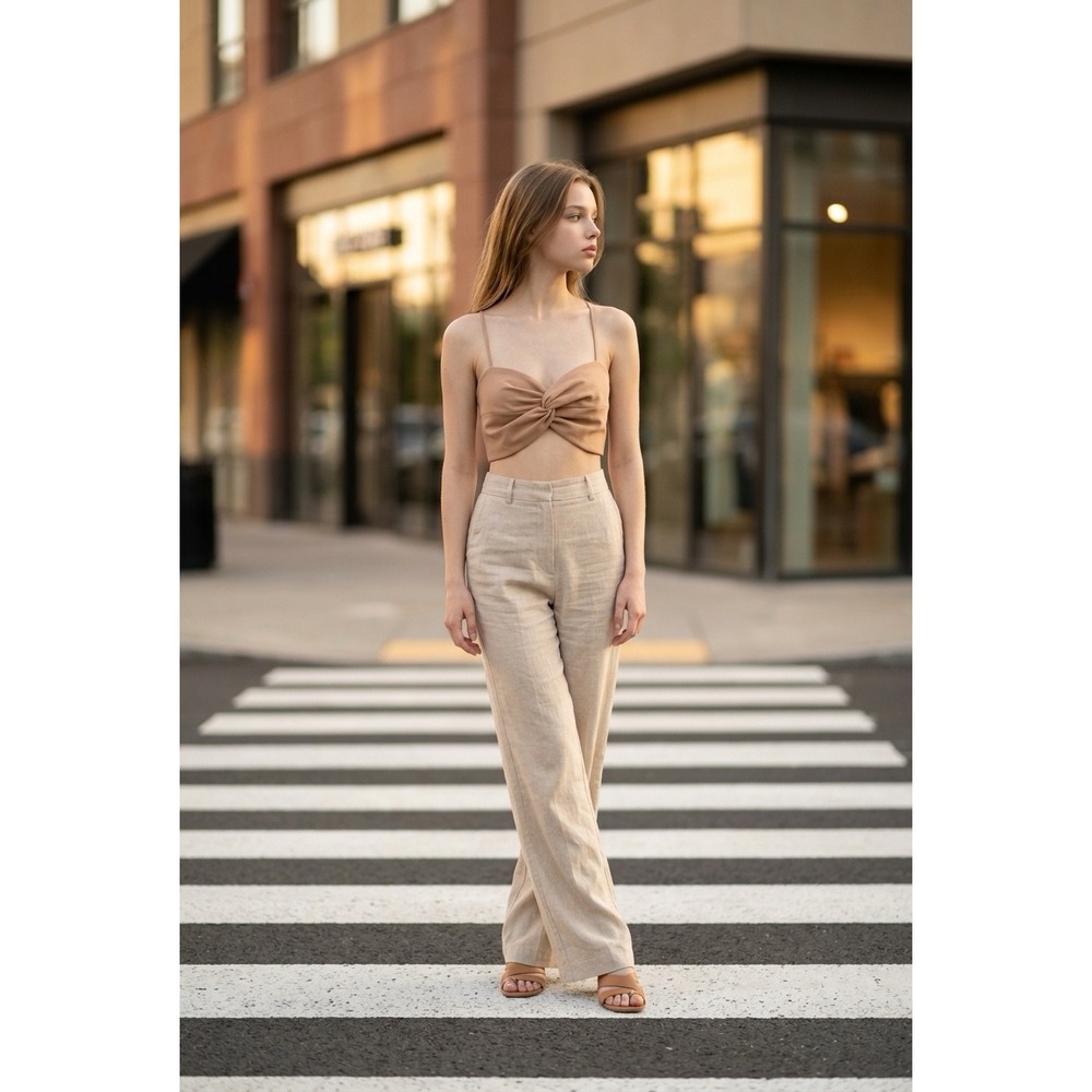 THE SEI Twist Front Cami Crop Top Camel Tan Spaghetti Strap Zip Back